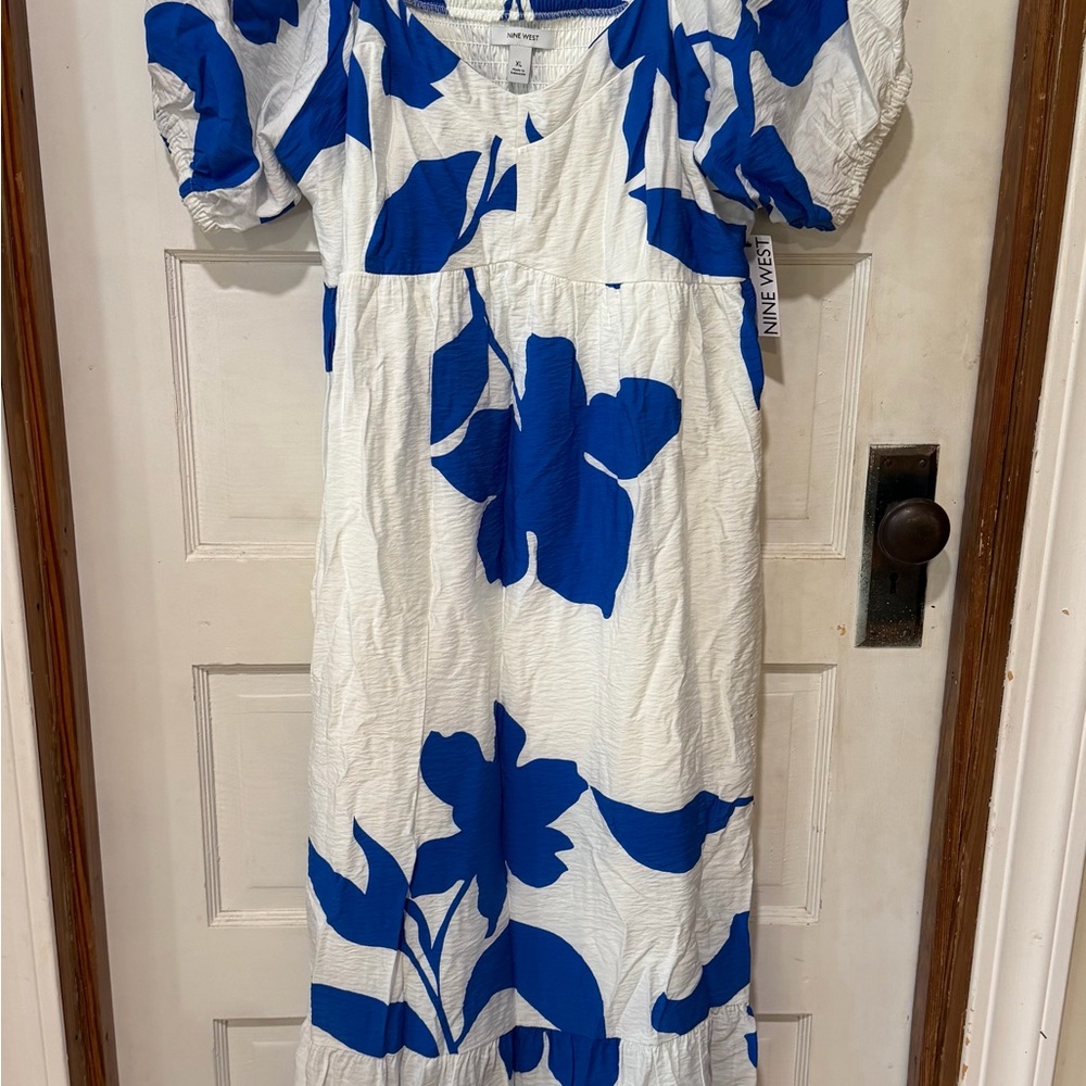 Nine West White & Royal Blue Floral Maxi Dress